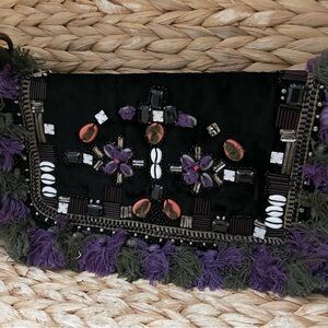 Anthropologie tasseled and beaded black‎ velvet crossbody bag